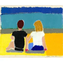 SAAM Jérôme - Dessin original au pastel sur papier "Couple à la plage" 28x35cm