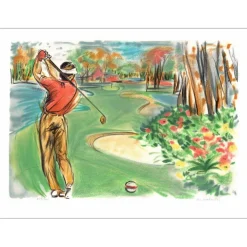 SALMON Michèle - Lithographie originale "Golfeur, L'approche" 56x75cm