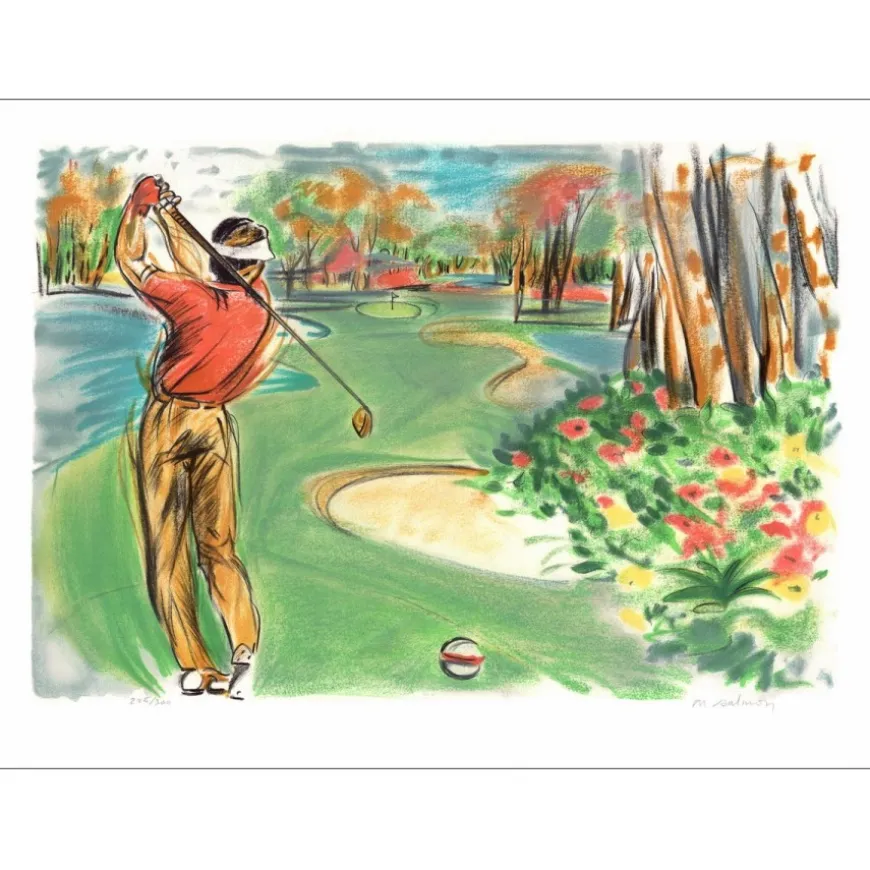 SALMON Michèle - Lithographie originale "Golfeur, L'approche" 56x75cm