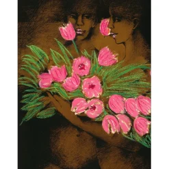 SALMON Michèle - Lithographie rehaussée "Femmes aux tulipes" 37x52cm