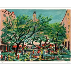 SAVARY Robert - Lithographie originale "Grasse, La place aux arbres" 61x81cm