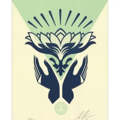 SHEPARD FAIREY (OBEY) - Sérigraphie "LOTUS HAND TEAL - LETTERPRESS " 31x23cm - 2023