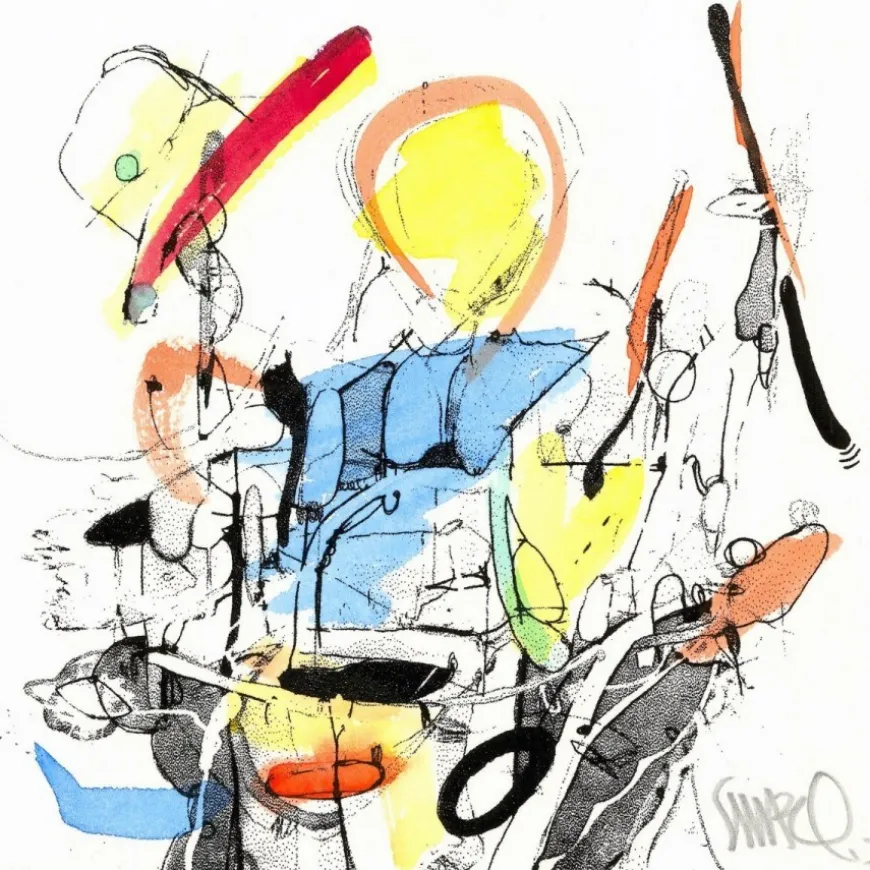 SMAEL (Ismaël Vagner) - HPM, Aquarelle et sérigraphie (unique) "Composition 2" 20x20cm - 2013