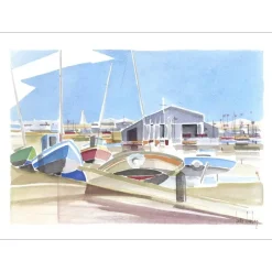 SUIRE-VERLEY Olivier - Aquarelle originale "Le port à marée basse" 40x50cm