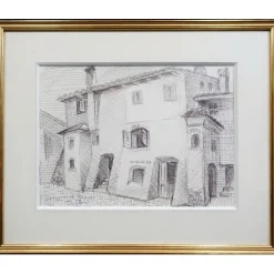 TOFFOLI Louis - Dessin original au crayon "Maison à Grado (Italie)" 26x36cm - Cadre