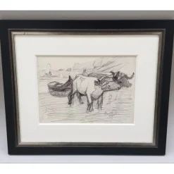 TOFFOLI Louis - Dessin original à l'encre "Chine, Bœufs tirant une barque" 26x35cm + Cadre 50x61cm