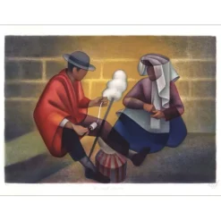 TOFFOLI Louis - Lithographie originale "Couple Péruvien (La Quenouille)" 56x76cm - 1974