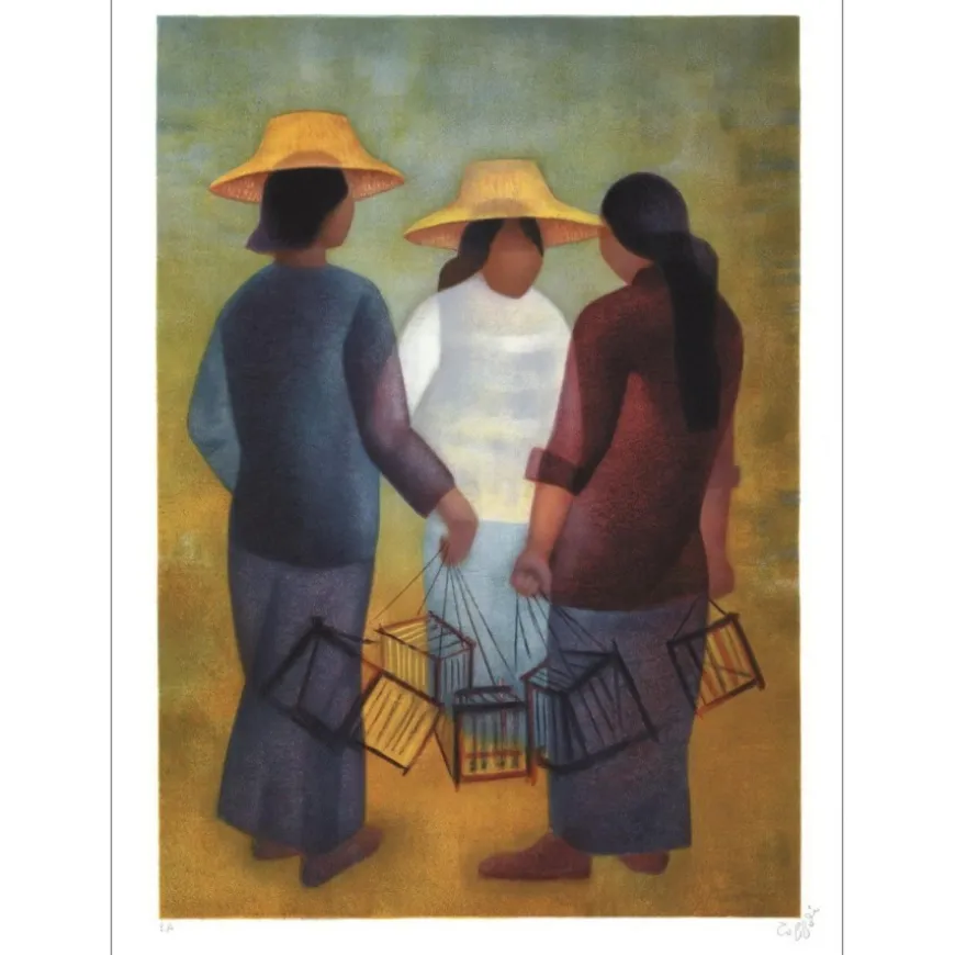 TOFFOLI Louis - Lithographie originale "Les oiseleurs" 76x56cm - 1987