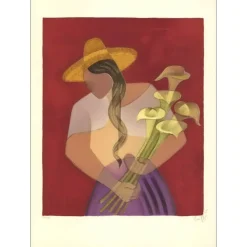 TOFFOLI Louis - Lithographie originale "Mexicaine aux arums" 69x49cm - 1968