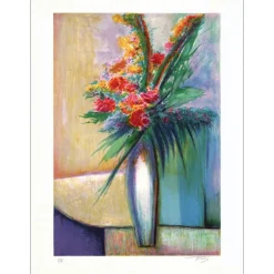 TORRES - Lithographie originale "Bouquet de fleur au vase blanc" 65x50cm