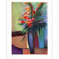 TORRES - Lithographie originale "Bouquet de fleur au vase bleu" 65x50cm