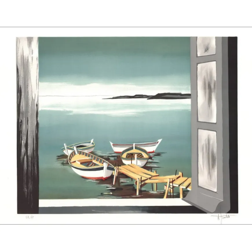 TRIOLET Jean - Lithographie originale "Les barques" 56x76cm