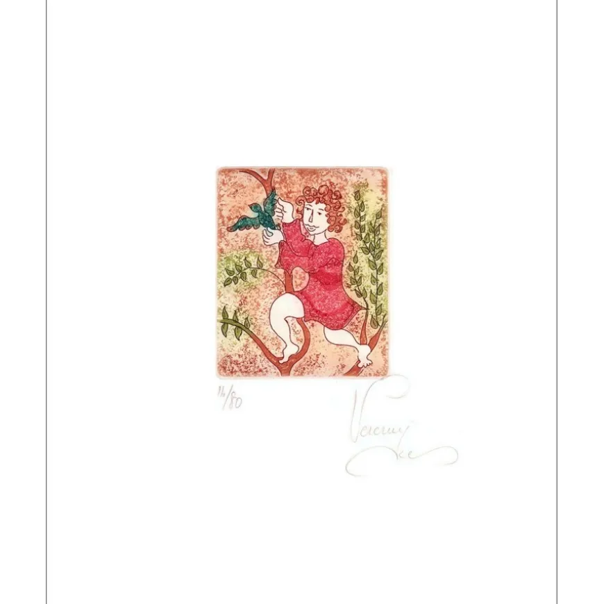 VERCRUYCE Bernard - Lithographie originale "La petite fille et l'oiseau" 34x25cm