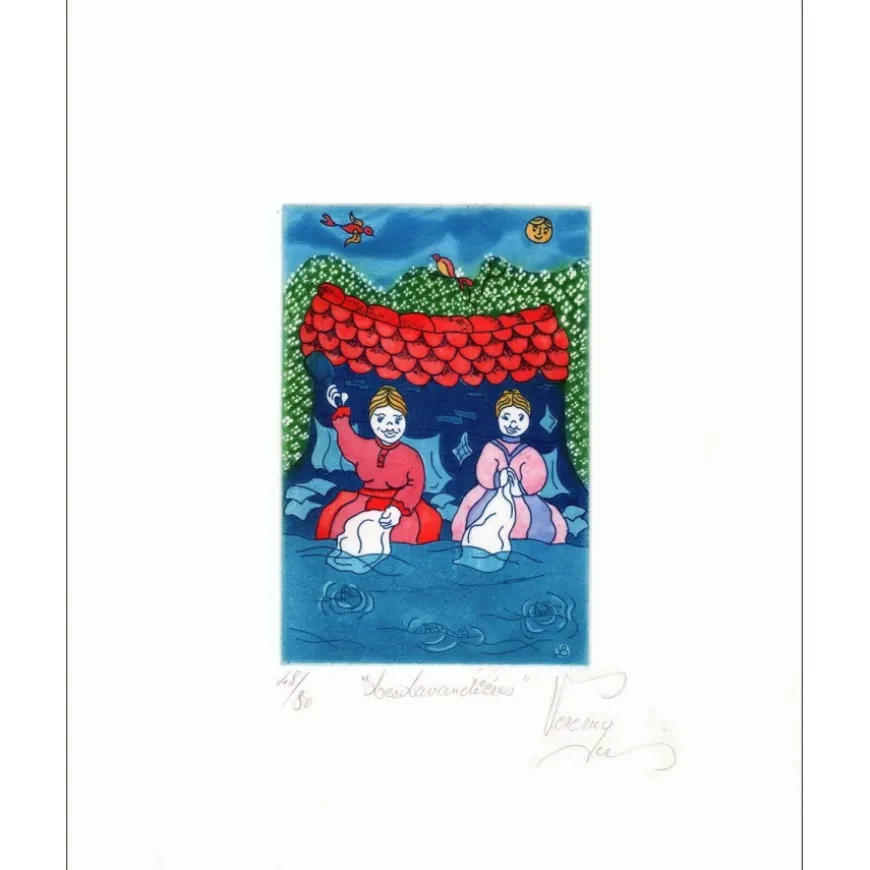 VERCRUYCE Bernard - Lithographie originale "Les lavandières" 34x25cm