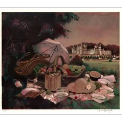 VERNET-BONFORT Robert - Lithographie originale "Pique-nique au château d'Ussé" 56x69cm