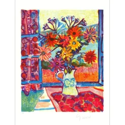 VIEILLEVIE Gérard - Lithographie originale "Bouquet à la fenêtre" 76x56cm