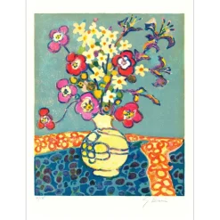 VIEILLEVIE Gérard - Lithographie originale "Bouquet au fond bleu" 76x56cm