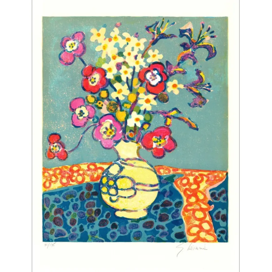 VIEILLEVIE Gérard - Lithographie originale "Bouquet au fond bleu" 76x56cm