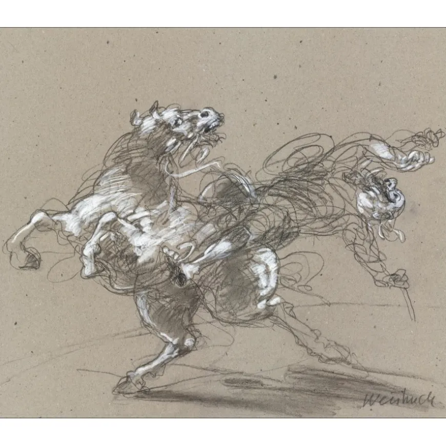 WEISBUCH Claude - Dessin original "Don Quichotte, La chute" 33x39cm