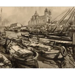 WITTMANN Charles - Dessin original "Marseille, Sainte-Marie-Majeure et le Vieux Port" 50x66cm