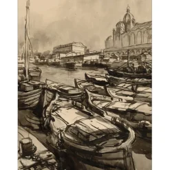 WITTMANN Charles - Dessin original "Marseille, Sainte-Marie-Majeure et le Vieux Port" 50x66cm