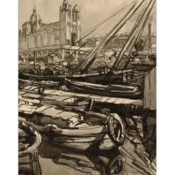 WITTMANN Charles - Dessin original "Marseille, Sainte-Marie-Majeure et le Vieux Port" 50x66cm