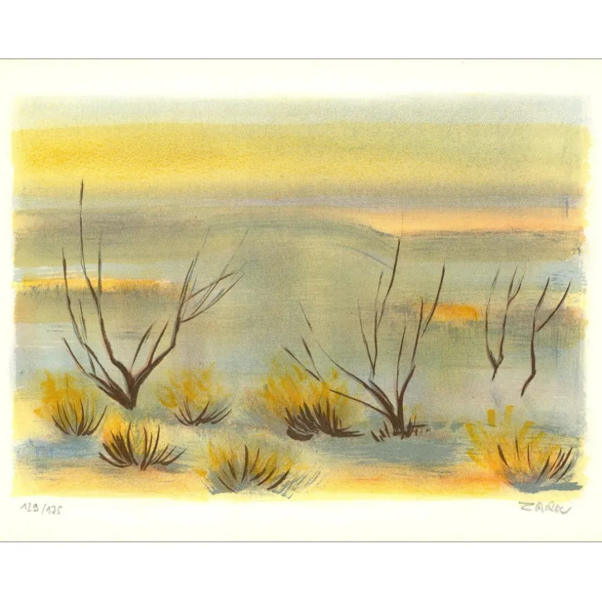 ZAROU - Lithographie originale "Paysage de Camargue 02" 21x27cm