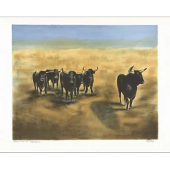 ZAROU - Lithographie originale "Taureaux en Camargue" 54x75cm