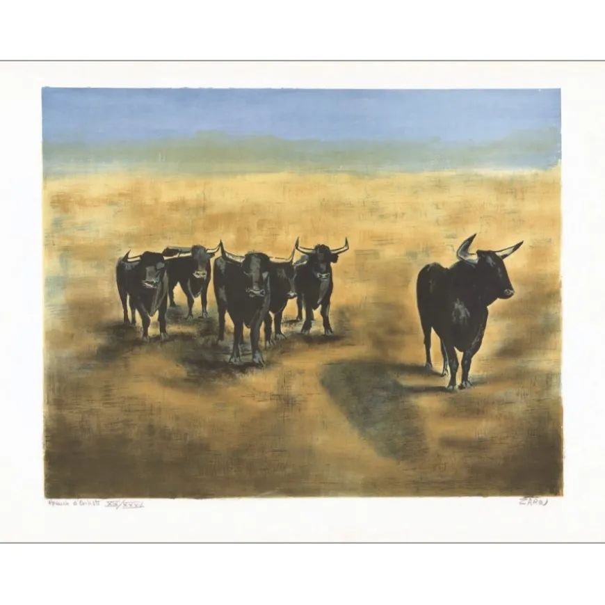 ZAROU - Lithographie originale "Taureaux en Camargue" 54x75cm