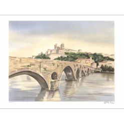 ZAROU - Lithographie originale "Béziers, le pont vieux" 56x76cm
