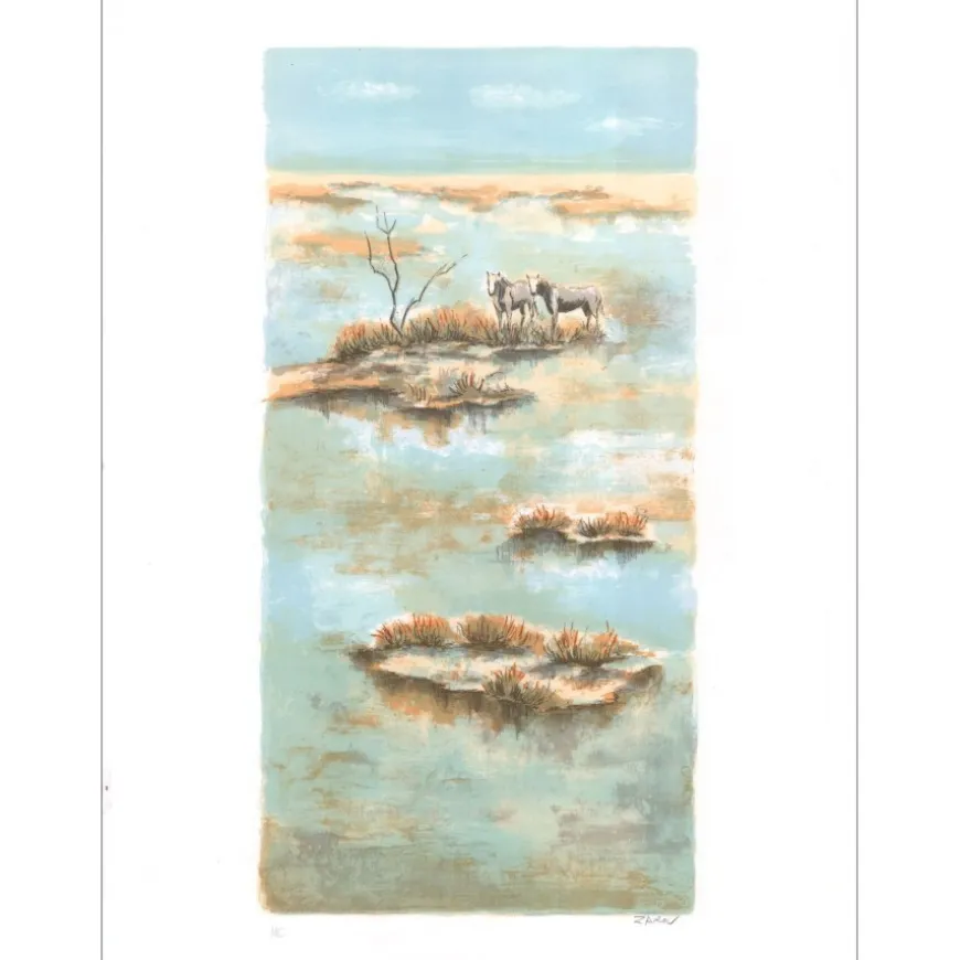 ZAROU - Lithographie originale "Chevaux en Camargue" 75x54cm