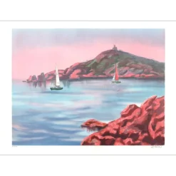 ZAROU - Lithographie originale "Bateaux sortants du port" 54x75cm