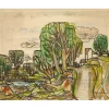 ZENDEL Gabriel - Dessin original "Paysage aux arbres et maisons" 29x36cm