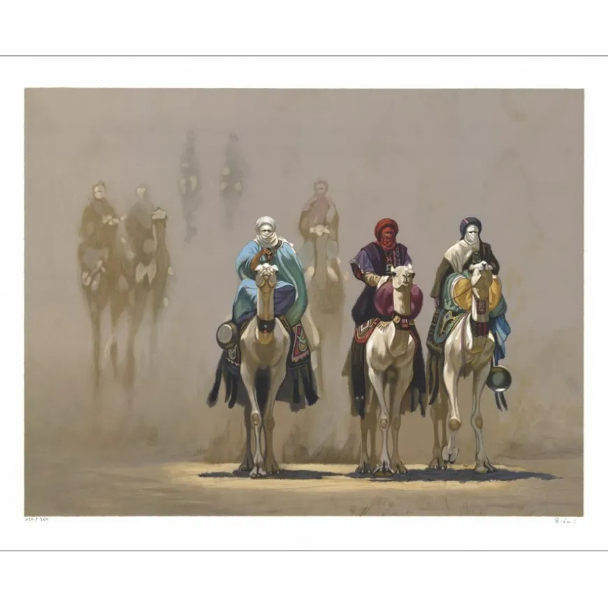 ZIANI Hocine - Lithographie originale "Les trois Bédouins" 59x76cm